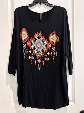 VOLL Black Aztec Southwest Boho Long Sleeve Top Women’s Large Soft Western